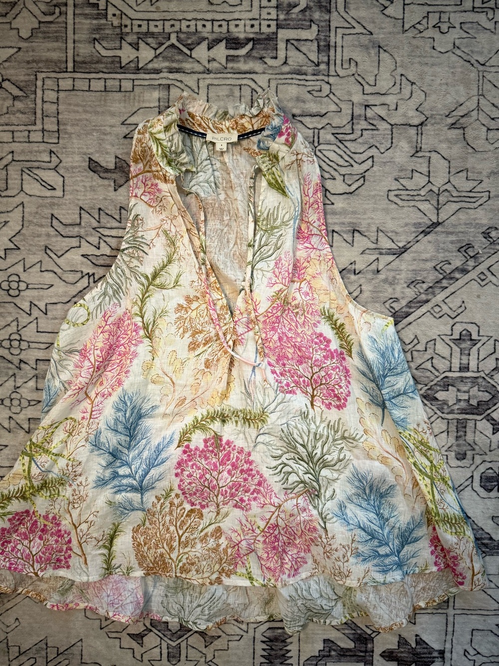 Anthropologie Pilcro Tavi Linen Botanical Print Top ~ Tie Neck ~ S Beach Summer